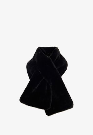 Sorth faux fur halstørklæde med en blød, plysséagtig tekstur. Har et overlapping design, der skaber et hyggeligt og sømløst udseende.