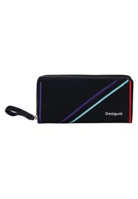 Black leather wallet with a zipper closure, featuring diagonal stitching in purple, turquoise, and red. Brand name "Desigual" printed.