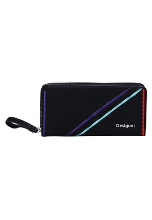 Black leather wallet with a zipper closure, featuring diagonal stitching in purple, turquoise, and red. Brand name "Desigual" printed.