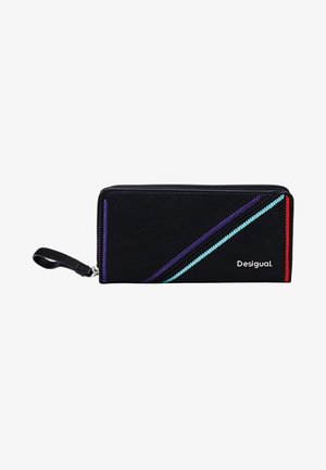 Black leather wallet with a zipper closure, featuring diagonal stitching in purple, turquoise, and red. Brand name "Desigual" printed.