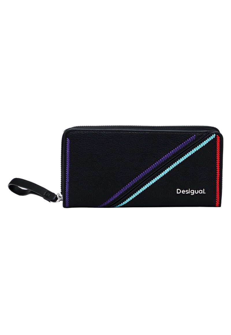 Black leather wallet with a zipper closure, featuring diagonal stitching in purple, turquoise, and red. Brand name "Desigual" printed.