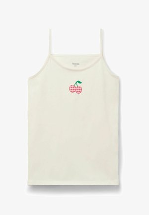 Krémový top na ramínka s tenkými popruhy, s červeným a bílým kostkovaným designem třešní uprostřed. Měkký bavlněný materiál.