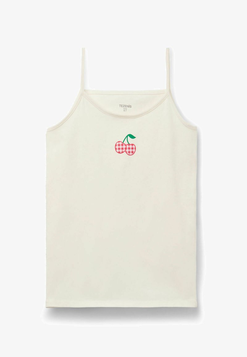 Top senza maniche color crema con spalline sottili, caratterizzato da un motivo a quadretti rosso e bianco con ciliegie al centro. Materiale in cotone morbido.