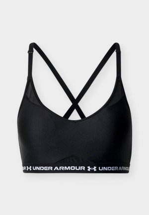 Črni športni modrček s prečnimi nastavljivimi trakovi in elastičnim trakom z belim logotipom in napisom Under Armour.