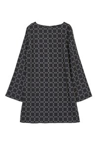 Abito nero con un motivo geometrico bianco, dotato di maniche lunghe e scollatura rotonda. Ha un design ampio e dritto.