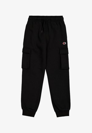 Pantalones deportivos negros de mezcla de algodón, con cintura elástica, cordón ajustable y dos bolsillos laterales tipo cargo.