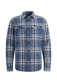 Camicia in flanella a bottoni nei toni del blu, caratterizzata da un motivo a quadri con strisce chiare e scure, due tasche sul petto e chiusura con bottoni.