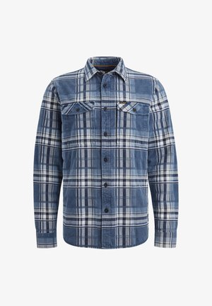 Button-up flanellen overhemd in blauwtinten, met een geruit patroon van lichte en donkere strepen, twee borstzakken en knoopsluiting.