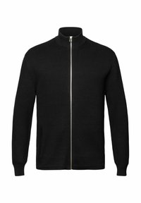 Cardigan noir en maille avec fermeture éclair, col montant et manches longues, fermeture éclair avant complètement fermée, sans motifs ni logos visibles.