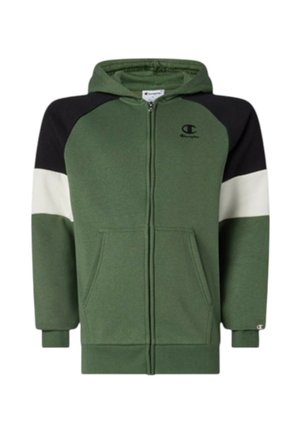 Felpa con cappuccio verde con zip, spalle nere, striscia bianca sulle maniche, tasche anteriori e piccolo logo Champion sul petto e sul polso.