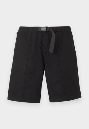 Čierne krátke nohavice po kolená s elastickým pásom, integrovaným nastaviteľným opaskom a bočnými vreckami na zips, zobrazené na bielom pozadí.