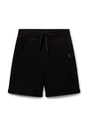 Zwarte katoenen shorts met een trekkoord in de taille, zijzakken en een gladde textuur. Kenmerkt zich door een gerolde zoom en een subtiel logodetail.