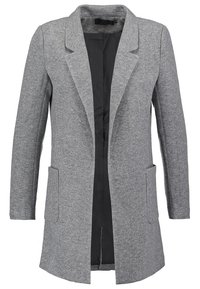 Grå blazer i texturiserat tyg, med notch-krage, långa ärmar, två framfickor och svart foder.