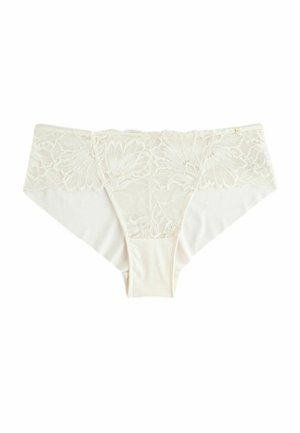 Lace hipster underwear in soft ivory fabric, featuring a floral lace waistband, smooth body, and delicate scalloped edges.