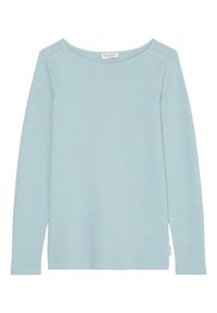 Ljusblå långärmad topp med rund halsringning, texturerad tyg och sidofickor. Märklig etikett nära fållen.