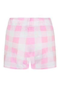 Pantalones cortos de algodón con un patrón de cuadros rosa y blanco, que presentan una cintura elástica y un diseño recto.