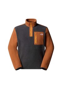 Sudadera de forro polar bicolor con mangas, parte superior del pecho, cuello con cremallera y bolsillo en el pecho de color naranja óxido, sobre un cuerpo de color gris oscuro.