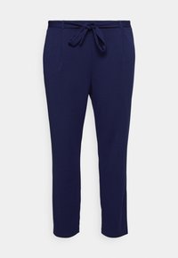 Navy blue tailored trousers with a drawstring waist, two front pockets, slim fit, and smooth texture. Clean, modern design.