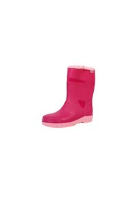 Botte de pluie en caoutchouc fuchsia avec une doublure rose, présentant une semelle texturée et un détail découpé sur le côté pour plus de flexibilité dans le design.