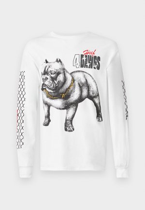 Long-sleeve white t-shirt featuring a black graphic of a bulldog and "4 the D4WGS" text. Sleeves display a chain-link pattern.