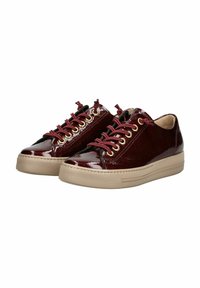 Bordové lakované tenisky s kulatou špičkou, vybavené červenými šněrovadly, zlatými očky a béžovou gumovou podešví. Texturované detaily svršku.