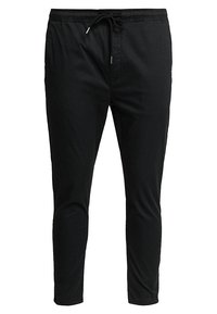 Svarta slim-fit herrbyxor med elastisk midja och snörning, tillverkade av lättviktigt tyg.