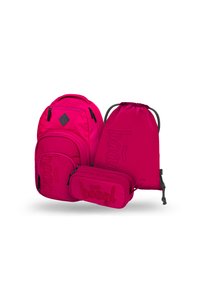 Set di zaini rosa brillante che include uno zaino grande con tasche a zip, un astuccio e una borsa a sacchetto, tutti con il logo "baagl".