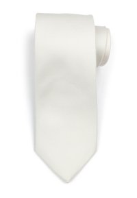 Witte zijde das met een gestructureerde afwerking, voorzien van een gladde oppervlakte en een klassieke puntige uiteinde ontwerp. Opgerold ter presentatie.