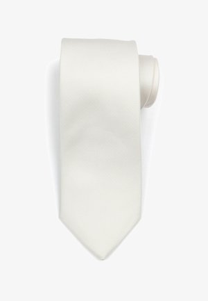 Witte zijde das met een gestructureerde afwerking, voorzien van een gladde oppervlakte en een klassieke puntige uiteinde ontwerp. Opgerold ter presentatie.