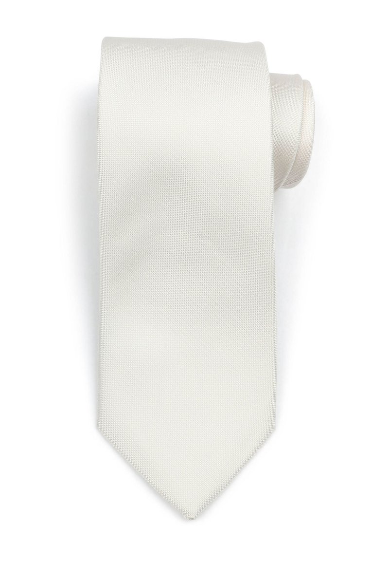 Witte zijde das met een gestructureerde afwerking, voorzien van een gladde oppervlakte en een klassieke puntige uiteinde ontwerp. Opgerold ter presentatie.