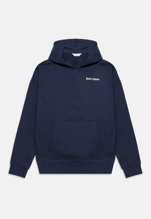 Sweat à capuche bleu marine avec poche avant et capuche, présentant un petit texte blanc "Palm Angels" sur la partie gauche de la poitrine.
