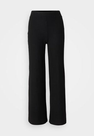 Black ribbed knit pants with a wide-leg design and elastic waistband, featuring a smooth texture and a minimalistic style.