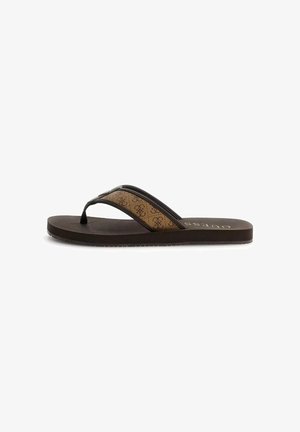 Sandale flip-flop marron avec bride à motifs et semelle rembourrée, de la marque "GUESS" sur la semelle intérieure.
