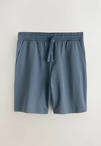 Męskie spodenki sportowe w stonowanym niebieskim kolorze, wykonane z lekkiej tkaniny, wyposażone w elastyczny pas z sznurkiem oraz boczne kieszenie.