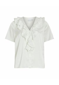 White short-sleeve blouse made of smooth fabric, featuring a ruffled front design and a button closure. V-neckline with gentle draping.