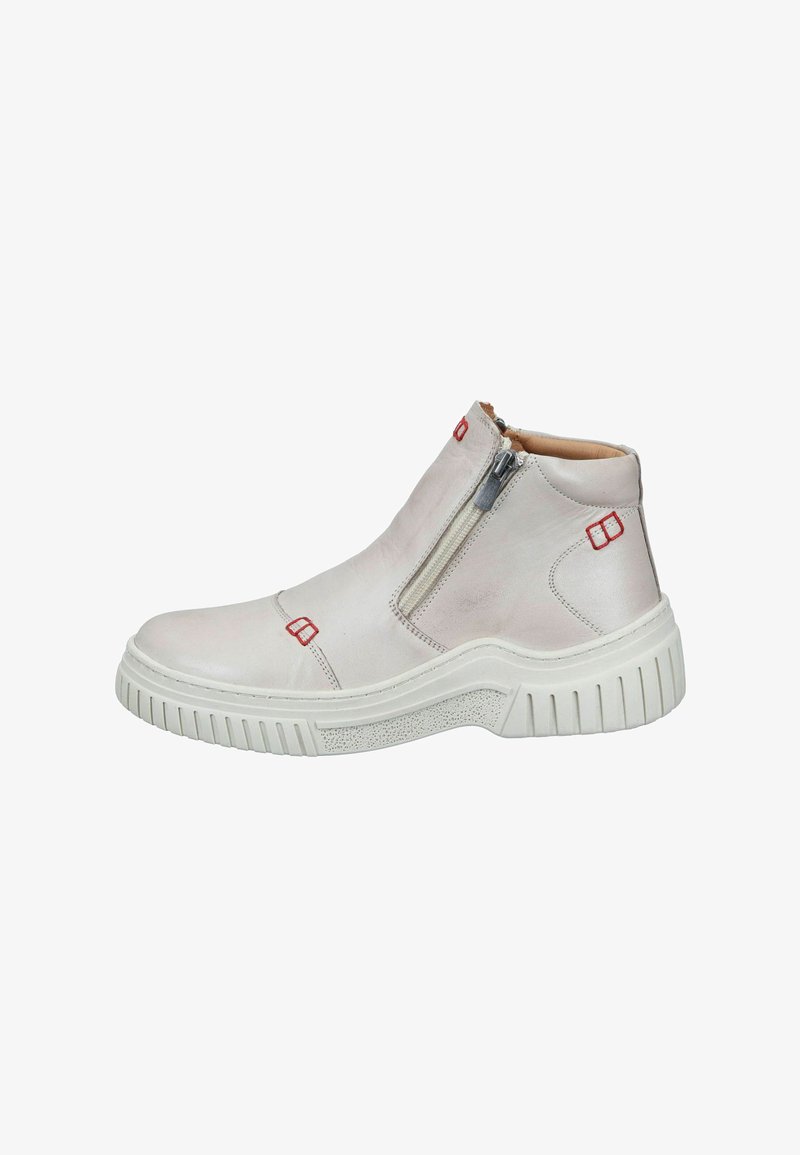 White leather ankle boot with a side zipper, red accents, textured platform sole, and smooth upper, featuring minimal stitching details.