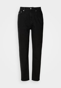Jean noir à jambes droites avec poches avant, passants de ceinture et fermeture par bouton, présenté sur un fond clair uni.
