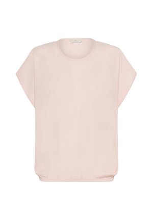 Světle růžový top s krátkými rukávy, který má kulatý výstřih a nařasený spodní lem. Vyroben z hladkého, lehkého materiálu s vzdušnou strukturou.