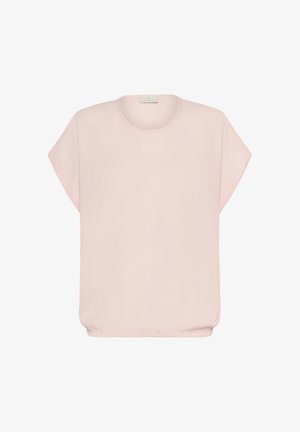 Helles rosa Kurzarmoberteil mit Rundhalsausschnitt und gerafftem Saum. Hergestellt aus einem glatten, leichten Stoff mit luftiger Textur.