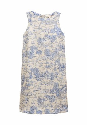 Ärmelloses Baumwollkleid mit einem blauen und weißen Landschaftsprint, der Boote und Bäume zeigt. Es hat einen runden Ausschnitt und einen geraden, knielangen Schnitt.