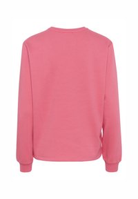 Sweatshirt rosa con maniche lunghe, collo rotondo e polsini a coste. Tessuto liscio con una vestibilità ampia. Nessun abbellimento visibile.