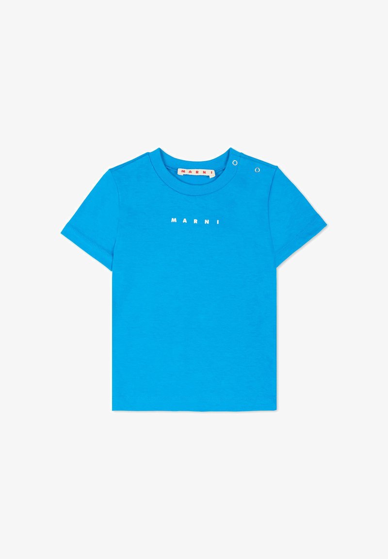T-shirt en coton bleu avec col rond, manches courtes et détail à boutons-pression sur une épaule. "MARNI" est imprimé en blanc sur le devant.