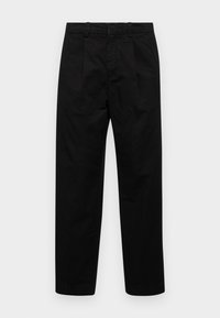 Svarta bomullsbyxor med rak benklipp, med framfickor och midjeband. Slät textur utan synliga mönster eller detaljer.