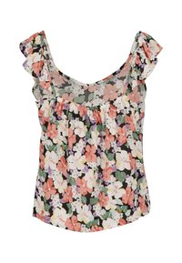 Kwietny top z falbaniastego materiału, oferujący wielokolorowy wzór na ciemnym tle. Wykonany z lekkiego materiału o luźnym kroju.