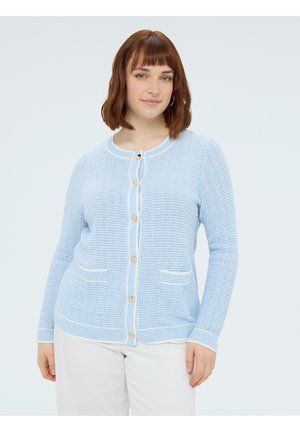 Kvinde med skulderlangt kastanjebrunt hår iført en lyseblå strikket cardigan med knapper og hvide bukser mod en ensfarvet baggrund.