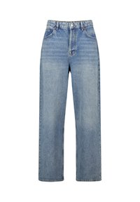 Lichtblauwe denim jeans met een rechte pasvorm, hoge taille, knoopsluiting en vijf zakken. Kenmerkt zich door een vervaagde textuur en minimale stiksels.