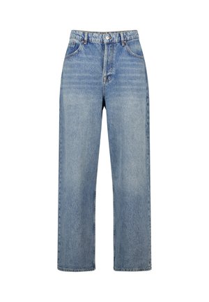 Lichtblauwe denim jeans met een rechte pasvorm, hoge taille, knoopsluiting en vijf zakken. Kenmerkt zich door een vervaagde textuur en minimale stiksels.