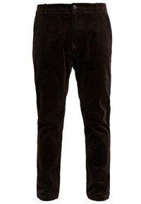 Dark brown corduroy pants with button and zipper closure, front pockets, and a straight-leg fit.
