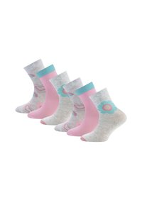 Fünf Paar Socken mit unterschiedlichen Designs: rosa, grau und gemustert mit Herzen und Blumen; gerippte Bündchen; aus Baumwollmischung.