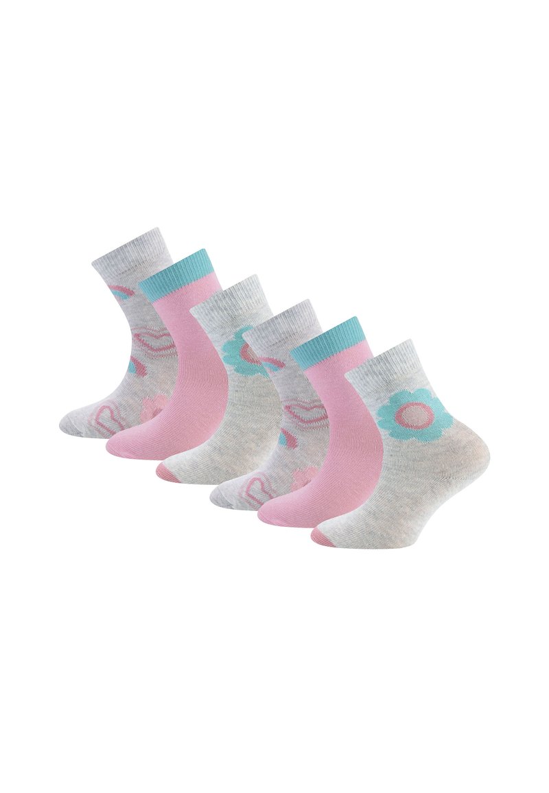 Fünf Paar Socken mit unterschiedlichen Designs: rosa, grau und gemustert mit Herzen und Blumen; gerippte Bündchen; aus Baumwollmischung.